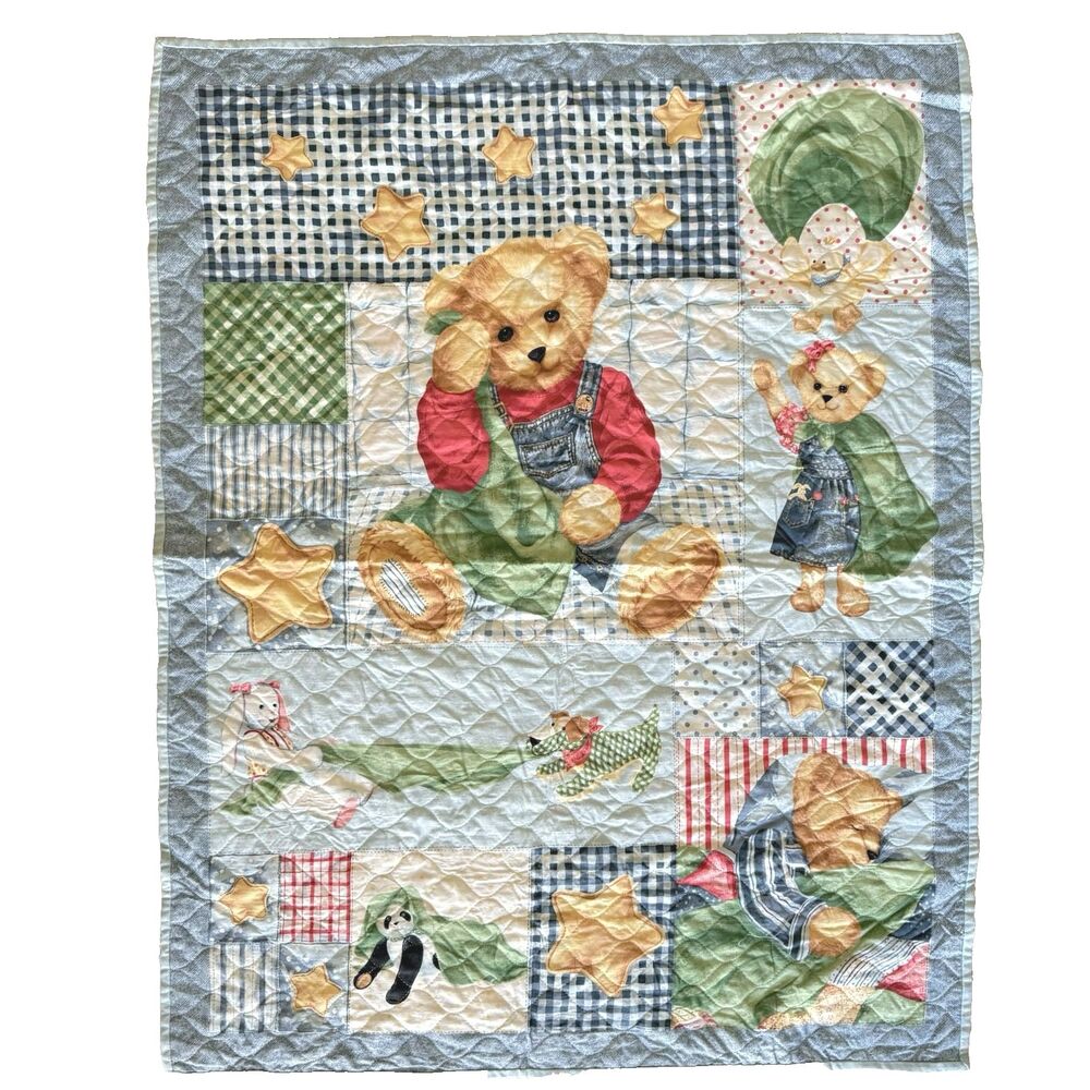 Baby Nursery Crib Quilt Blue Jean Teddy Bear Quilt REVERSIBLE Daisy Kingdom Vtg